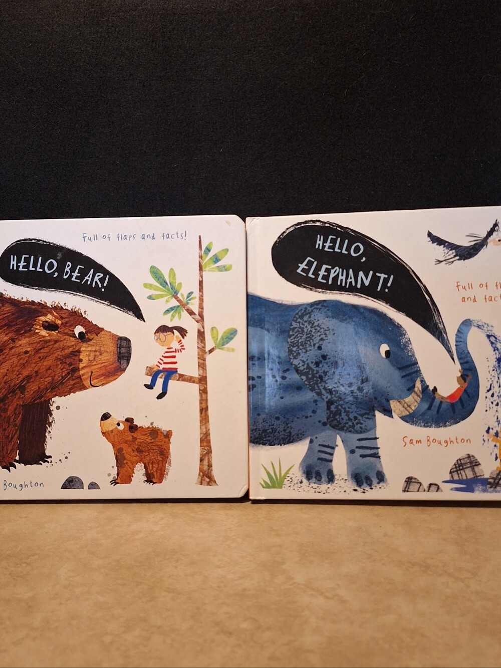 Hello, Elephant! Hello, Bear! Board Book Animal Facts & Flaps Sam Boughton Set/2